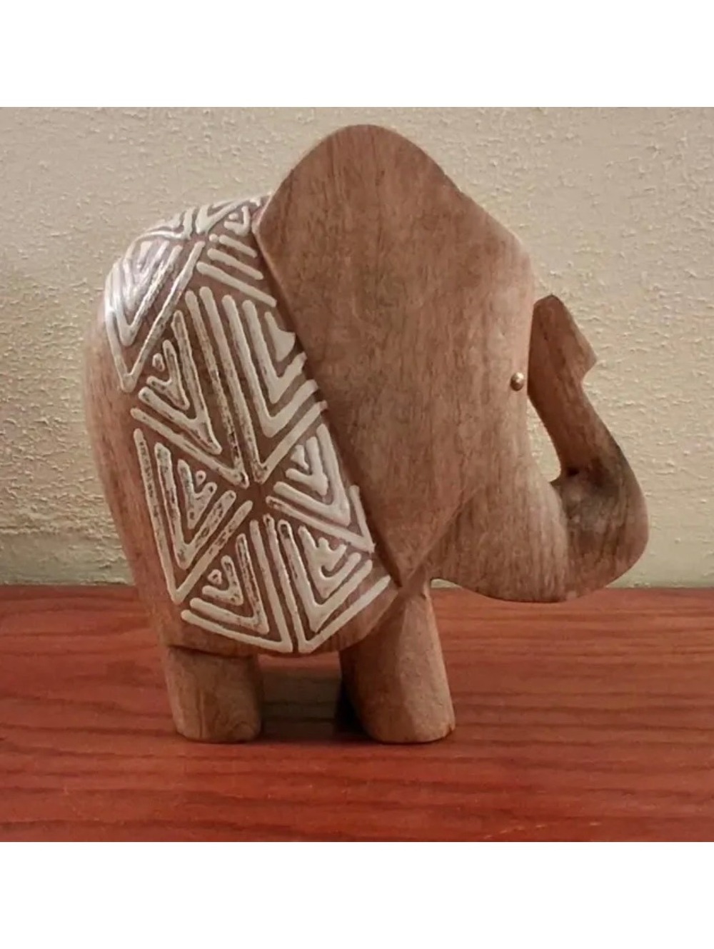 Carved Wooden elephant decor geometric boho brown white